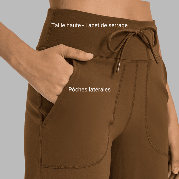 Pantalon de yoga évasé à jambe large- ceinture taille haute avec cordon de serrage et pôches latérales