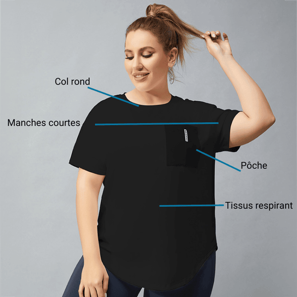 Adhocia T-Shirt de grande taille féminin de couleur noir tissu respirant pour le yoga et fitness 